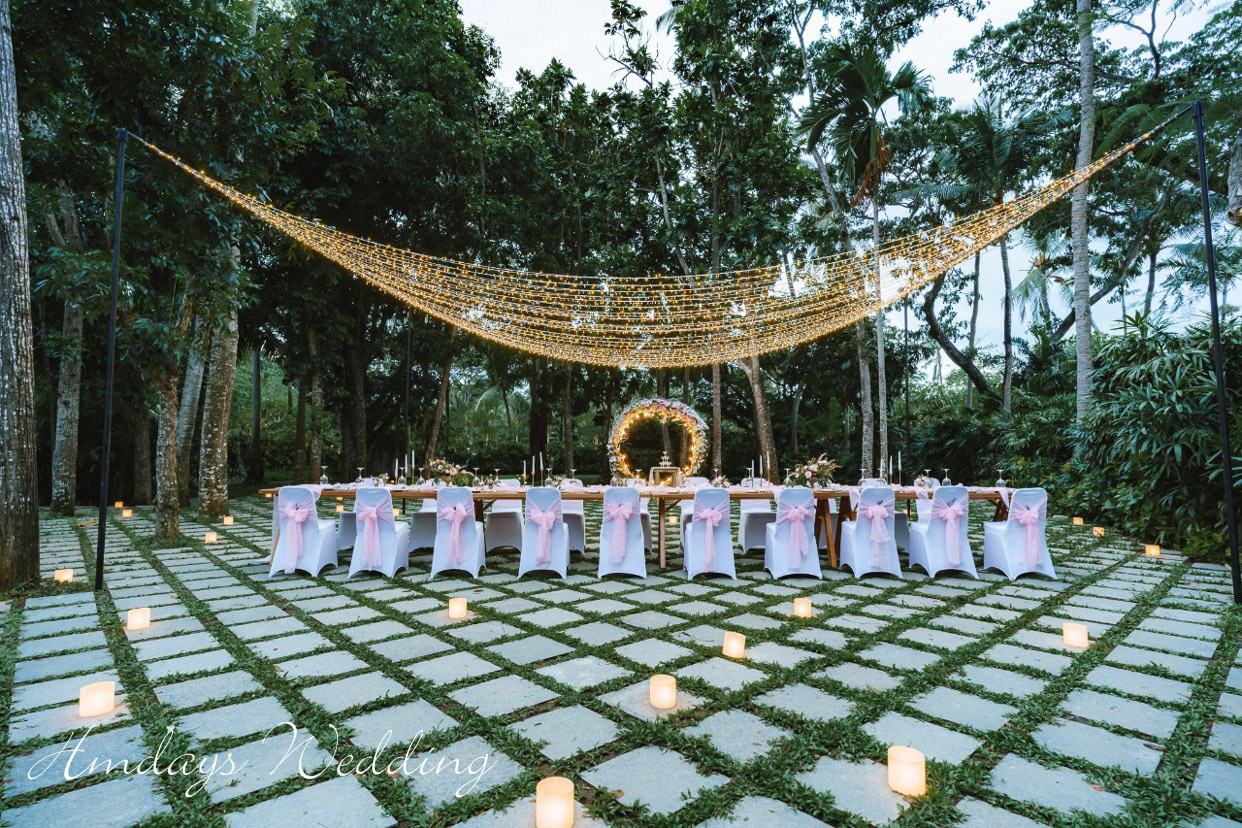 海外婚礼晚宴|巴厘岛婚礼宴会|巴厘岛肉桂花园晚宴2019peach色标准布置